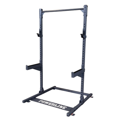 Powerline squat rack with adjustable height and sturdy frame, designed for strength training and weightlifting.