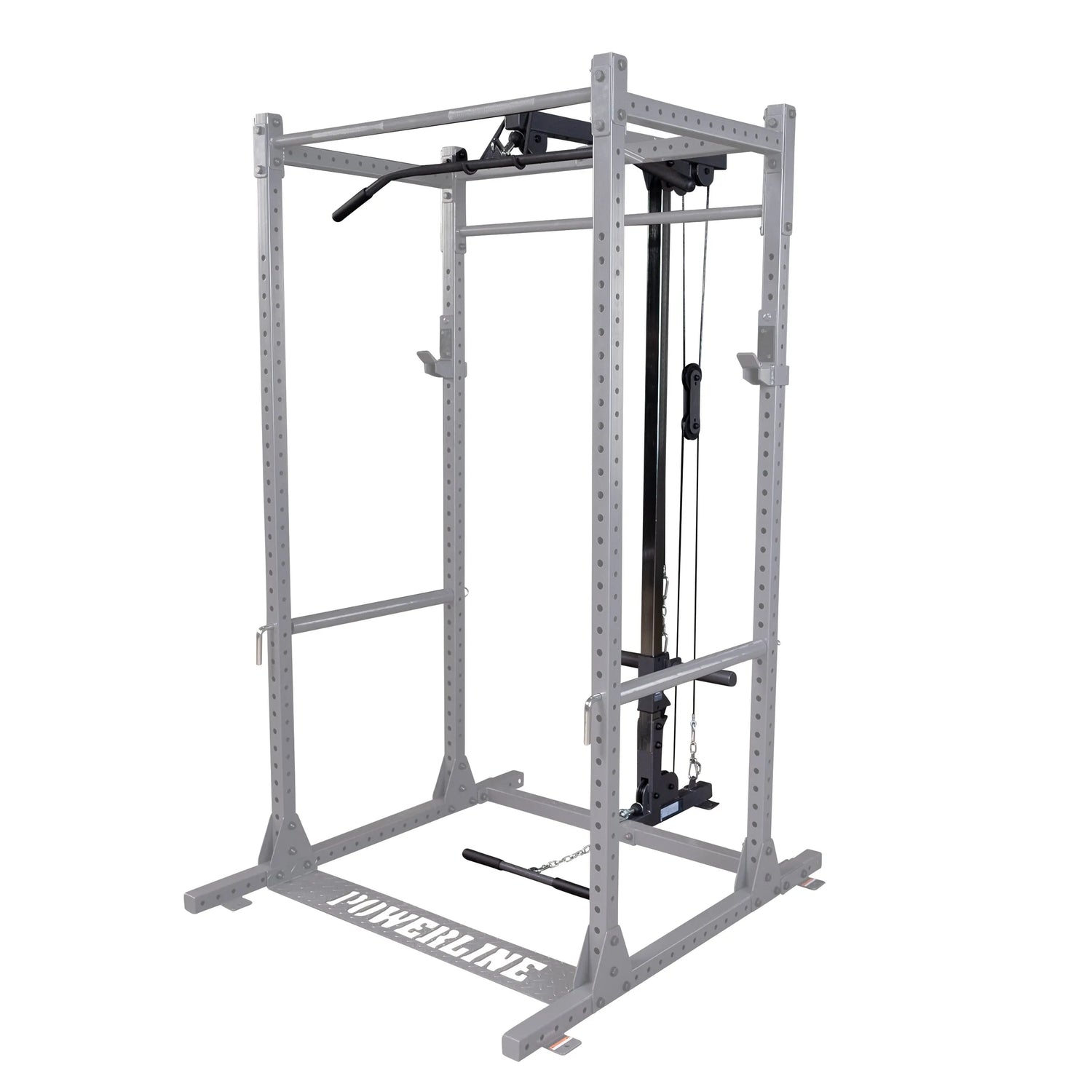 Powerline strength training equipment featuring a multi-functional squat rack with pull-up bar and cable system for various exercises.
