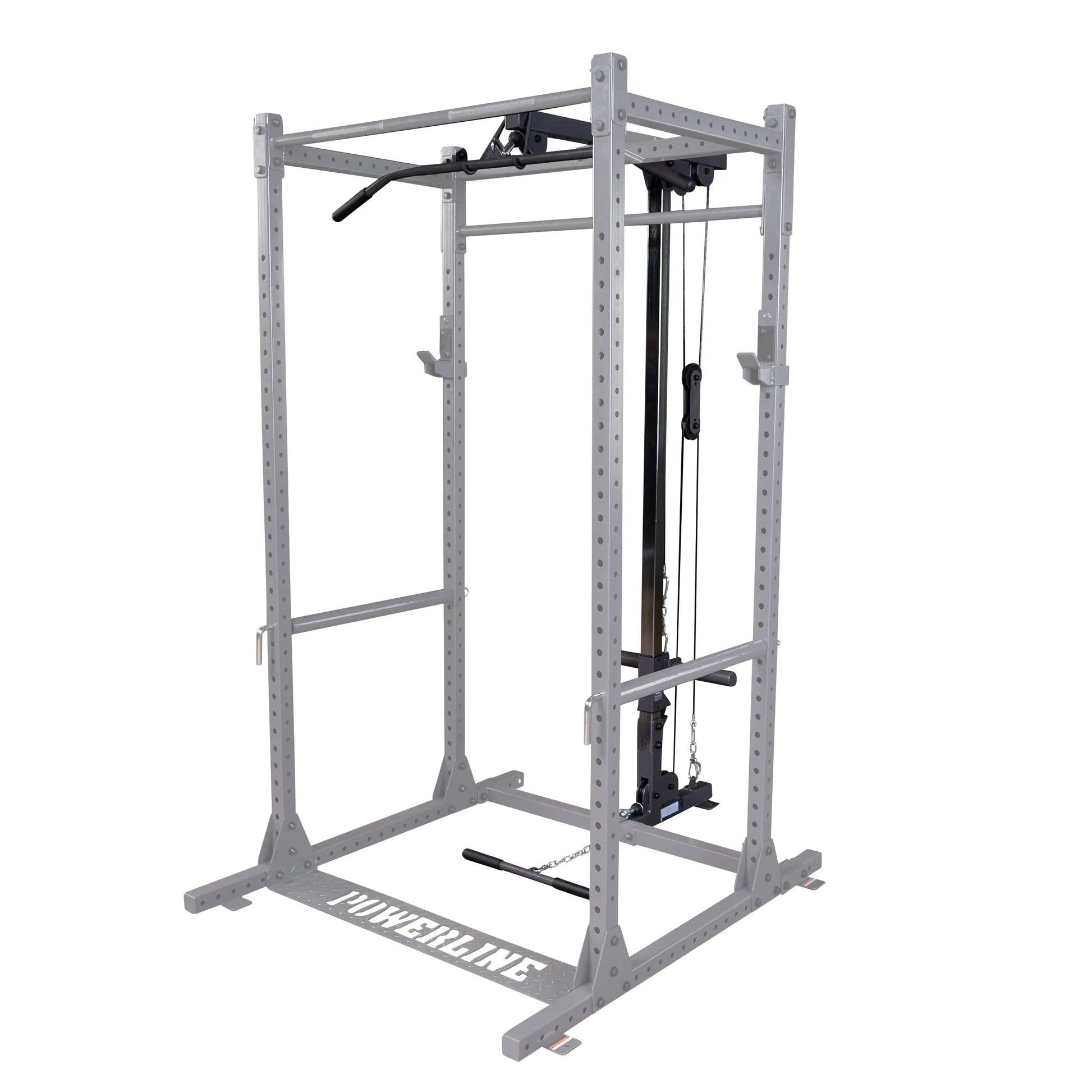 Powerline strength training equipment featuring a multi-functional squat rack with pull-up bar and cable system for various exercises.