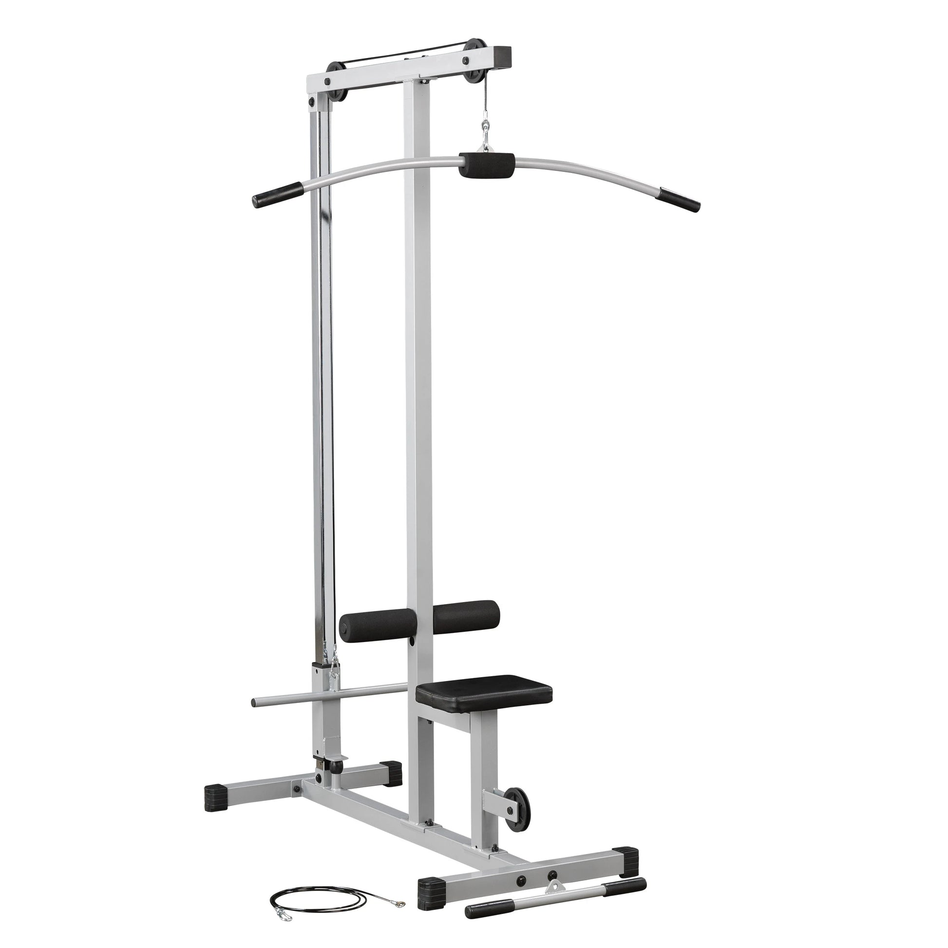 A silver and black cable machine for strength training, featuring a curved handle, adjustable seat, and padded rollers, with a cable lying on the floor beside it.