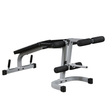 A gray and black adjustable weight bench with padded supports, designed for strength training exercises.