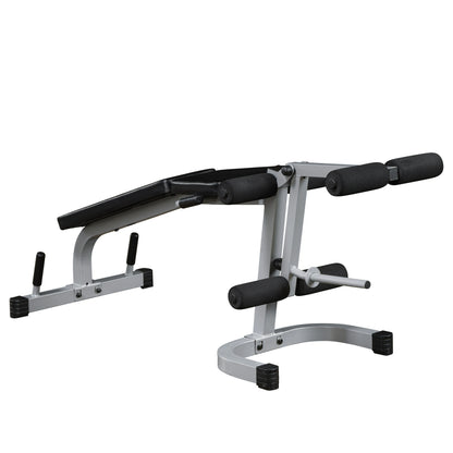 A gray and black adjustable weight bench with padded supports, designed for strength training exercises.