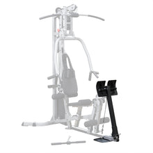 A multi-functional gym equipment setup featuring a weight bench, pull-up bar, and a leg extension attachment. The equipment is shown in a light background.