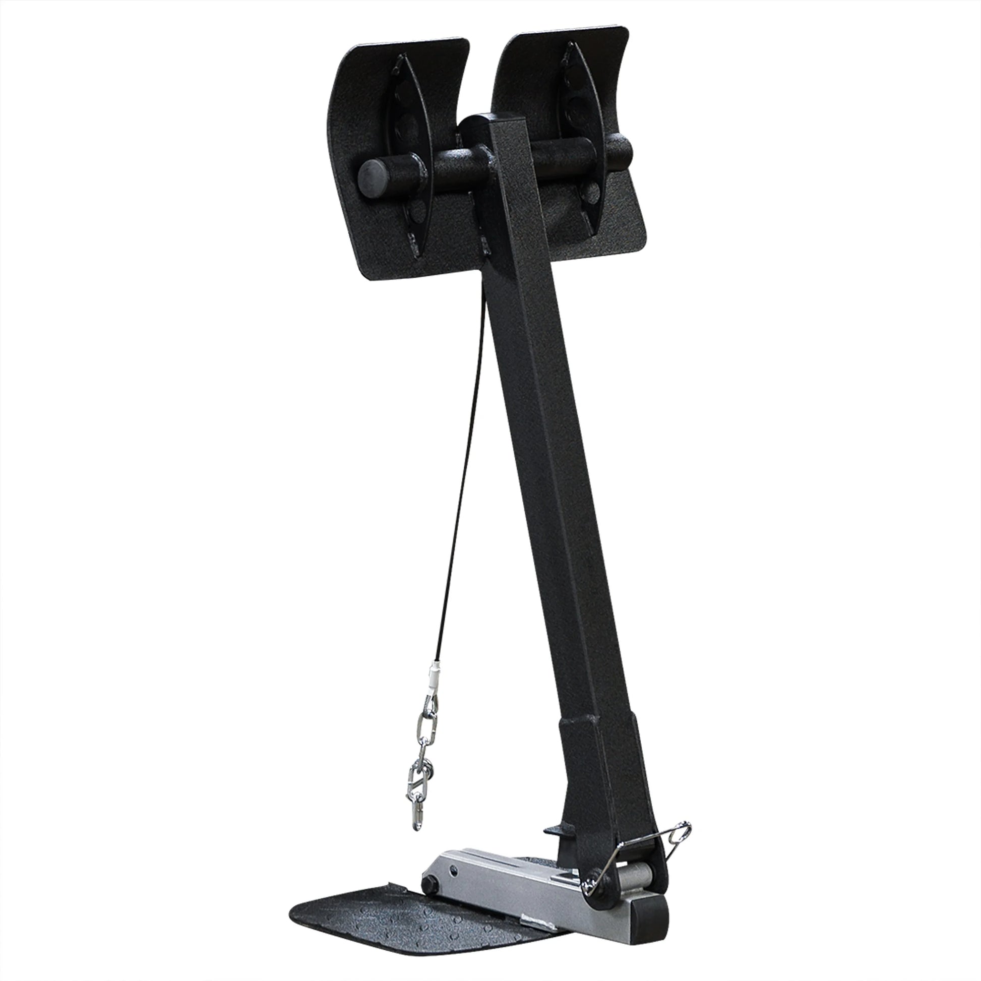 A black fitness equipment piece designed for resistance training, featuring two adjustable pulleys at the top, a sturdy vertical post, and a footplate at the base for stability.