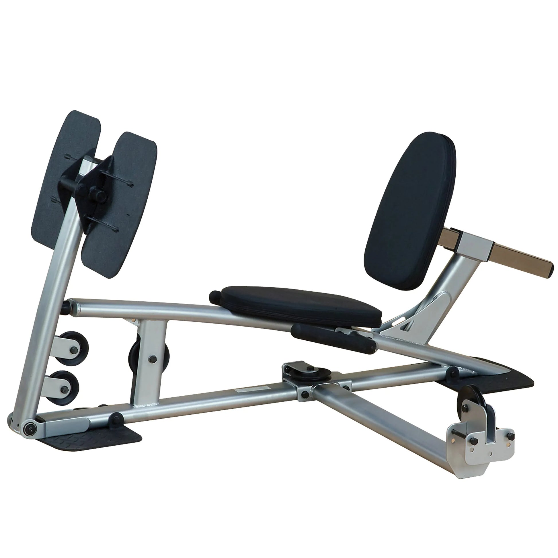 A silver and black weight bench with a padded seat and backrest, featuring adjustable weight plates on either side, designed for strength training exercises.