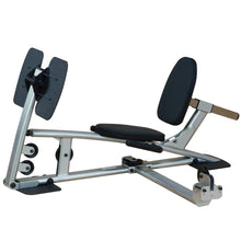 A silver and black weight bench with a padded seat and backrest, featuring adjustable weight plates on either side, designed for strength training exercises.