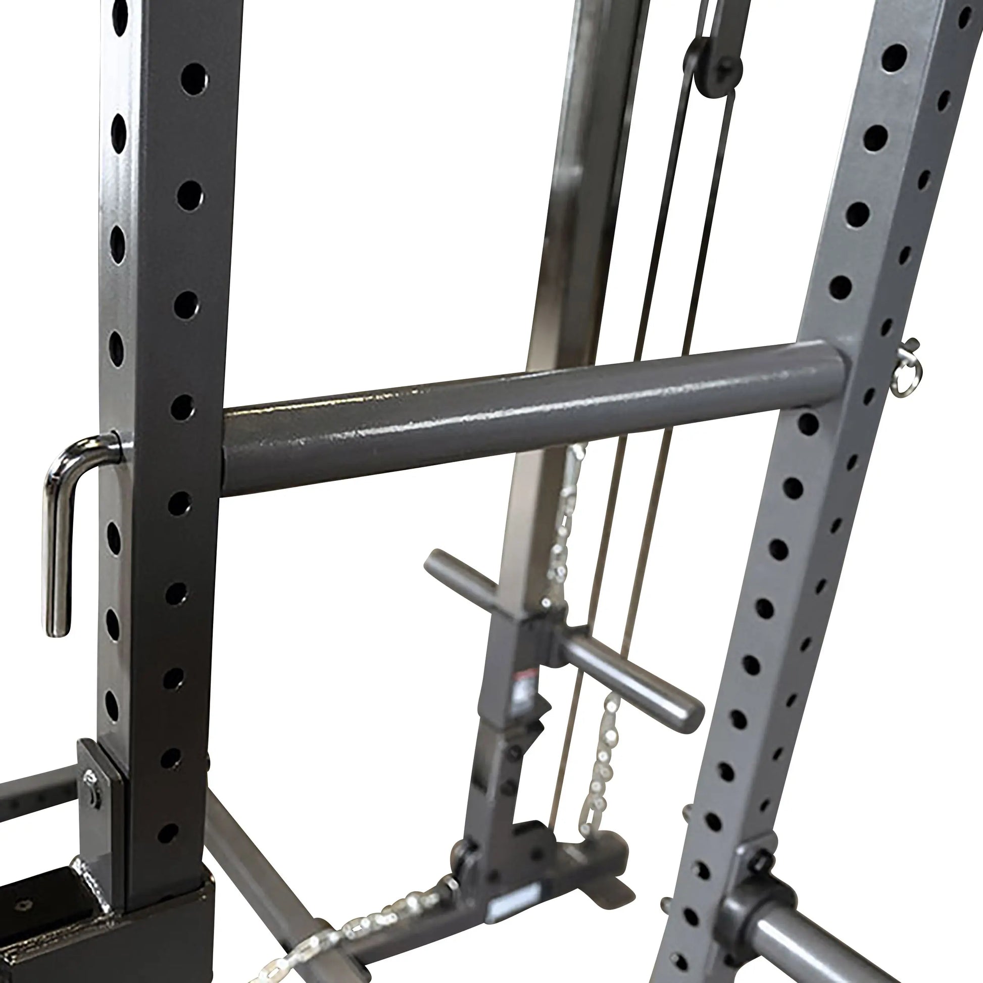 Close-up view of a weightlifting rack featuring vertical posts with multiple adjustment holes, a horizontal bar for support, and attached chains, designed for strength training.