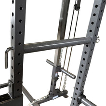 Close-up view of a weightlifting rack featuring vertical posts with multiple adjustment holes, a horizontal bar for support, and attached chains, designed for strength training.