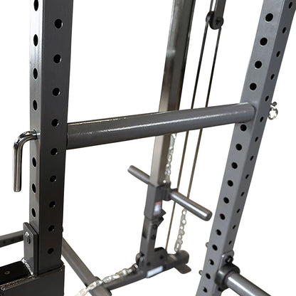 Close-up view of a weightlifting rack featuring vertical posts with multiple adjustment holes, a horizontal bar for support, and attached chains, designed for strength training.
