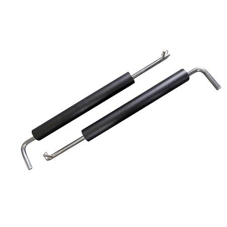 Black handle spring puller tool with metal hooks for easy spring installation.