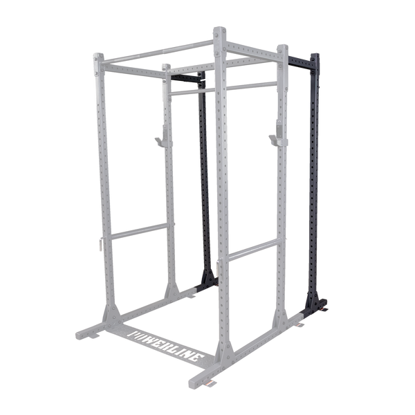 A sturdy black power rack designed for strength training, featuring multiple adjustable pull-up bars and safety hooks.