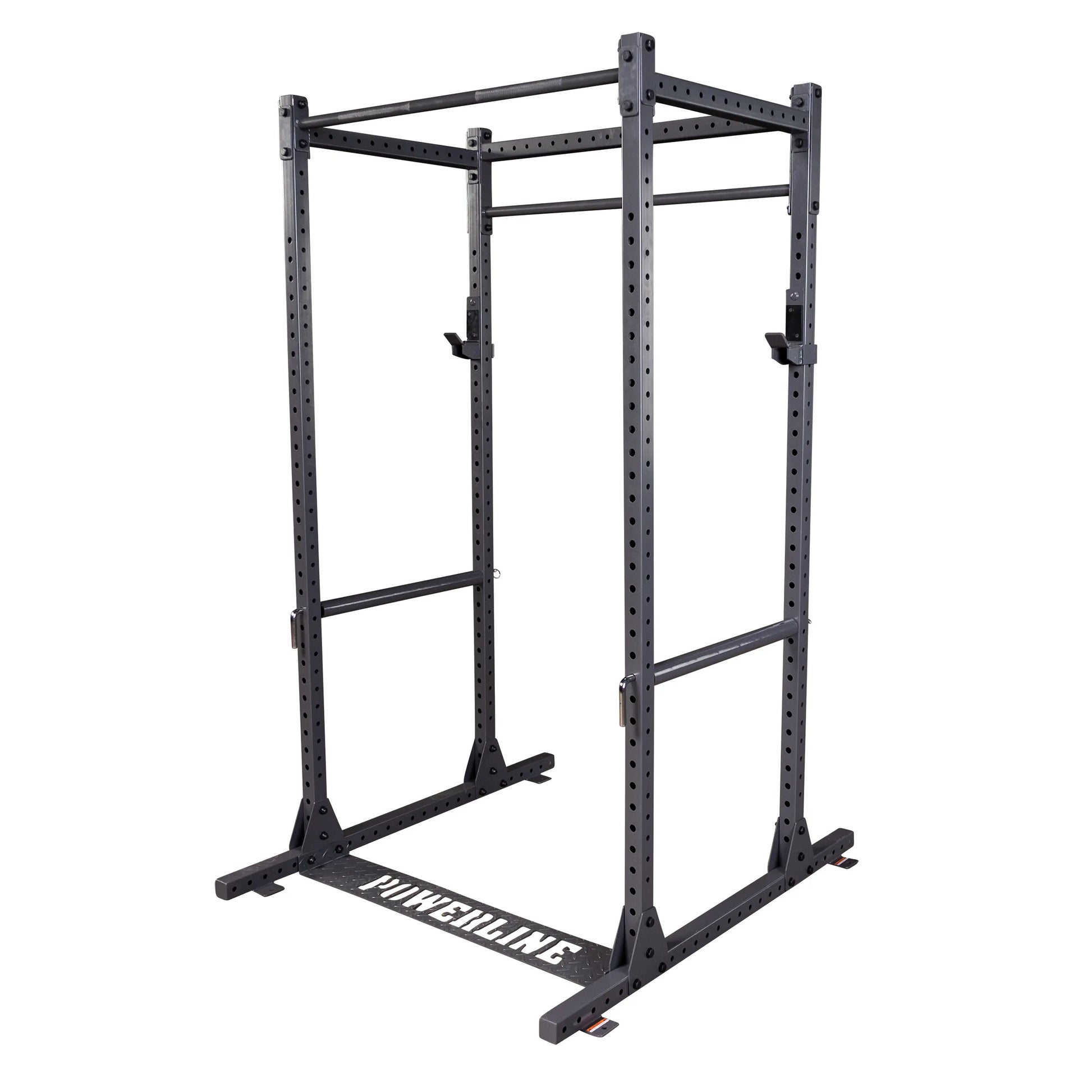 A sturdy black power rack with multiple adjustable levels, designed for weightlifting and strength training, featuring a solid base and numerous holes for customization.