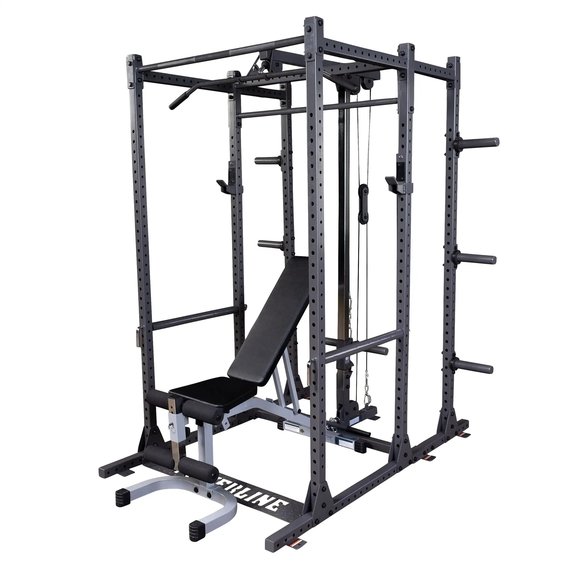 A multi-functional gym power rack with a bench, pull-up bar, and cable system, designed for strength training and weightlifting exercises.