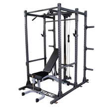 A multi-functional gym power rack with a bench, pull-up bar, and cable system, designed for strength training and weightlifting exercises.