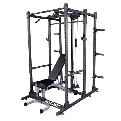 A multi-functional gym power rack with a bench, pull-up bar, and cable system, designed for strength training and weightlifting exercises.