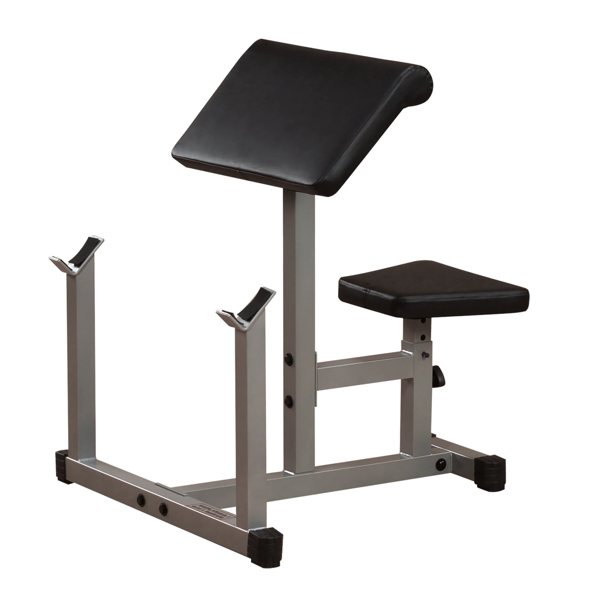 A black padded gym bench with a slanted backrest and a small seat, designed for strength training exercises, set on a sturdy metallic frame.