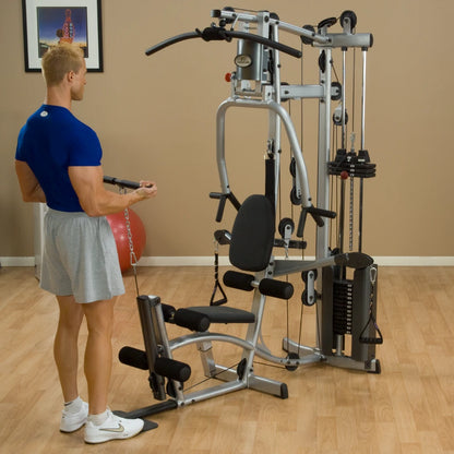 A man in a blue shirt and gray shorts using a multi-gym exercise machine in a home gym setting, with a red exercise ball and framed artwork in the background.