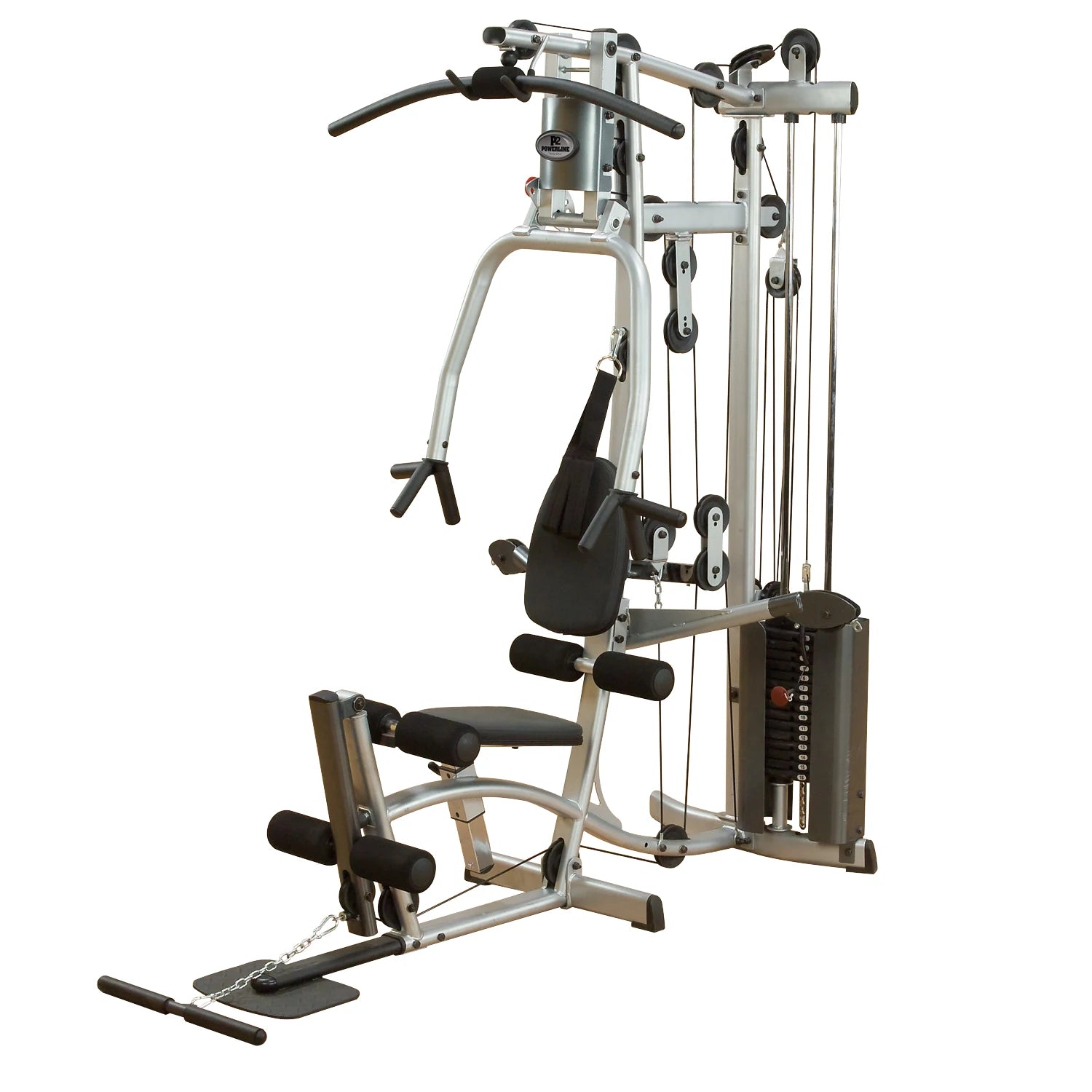 A multi-gym workout machine featuring a variety of exercise stations including a bench press area, pulldown bar, and leg extension attachments, designed for strength training and fitness activities.