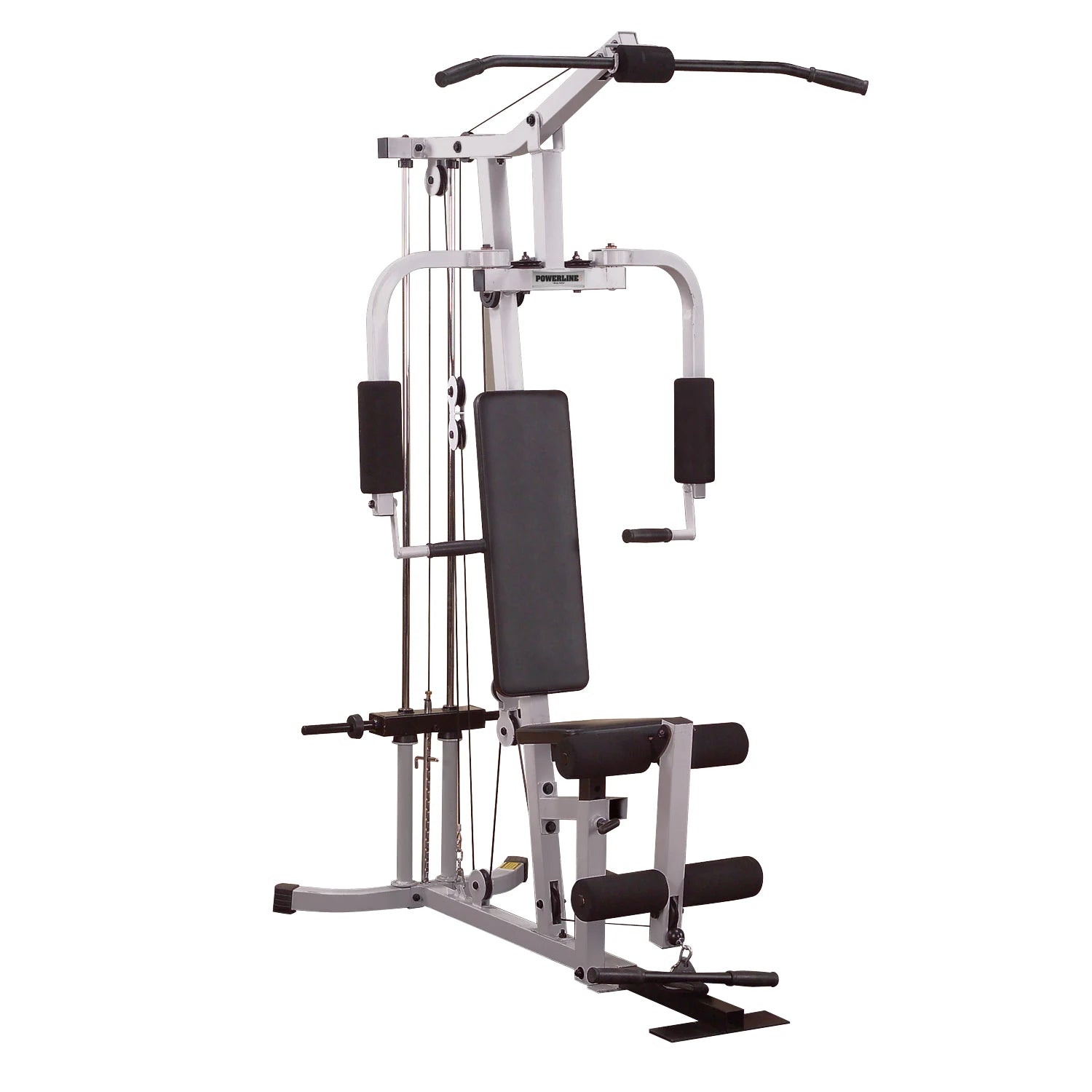 A multi-station home gym equipment featuring a padded seat, adjustable pulleys, and various handles for strength training exercises.