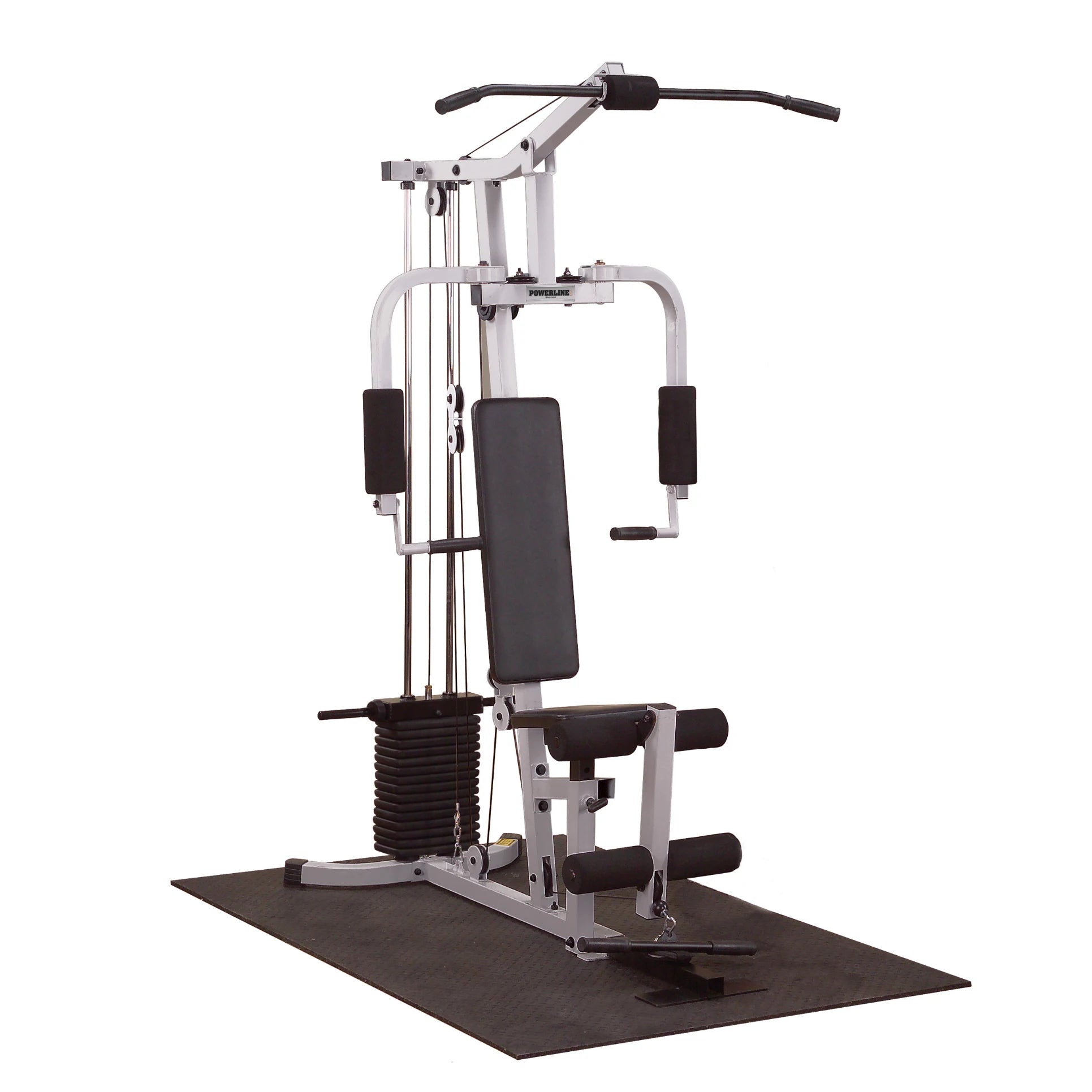 A multi-station gym equipment featuring a bench, pulleys, and weights, designed for strength training and fitness workouts, set on a rubber mat.