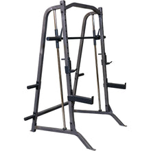 A heavy-duty squat rack designed for weightlifting, featuring a sturdy metal frame with adjustable bars and supports for safe and effective workouts.