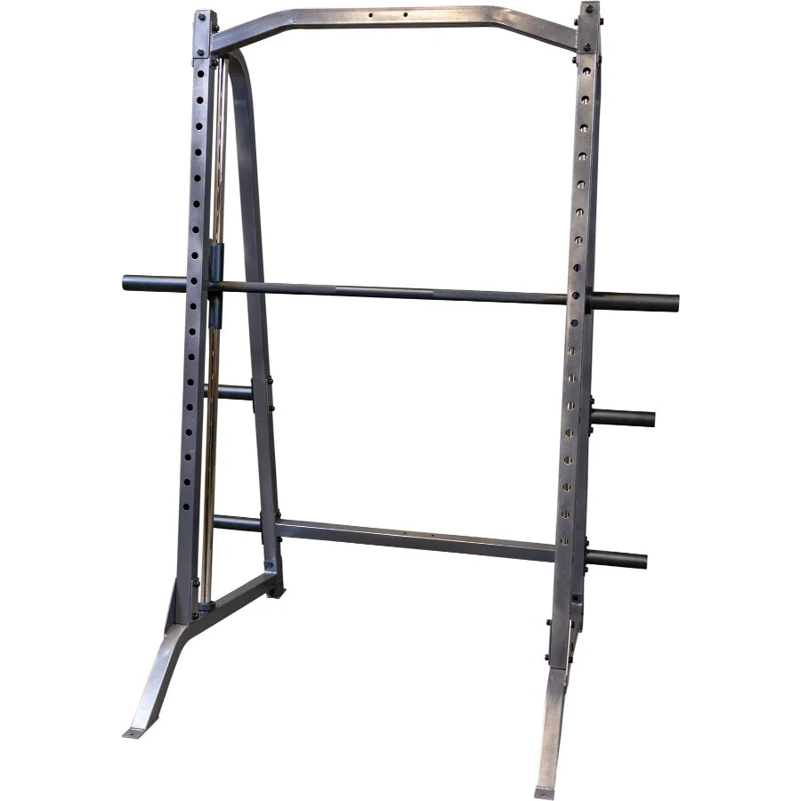 A sturdy metal squat rack designed for weightlifting, featuring multiple height adjustments and a horizontal bar for support.
