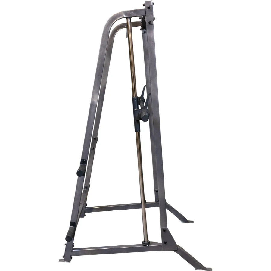 A metal pulley system for strength training, featuring a sturdy frame and adjustable components for various exercises.