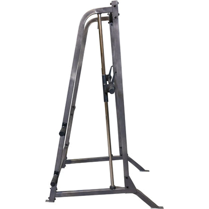 A metal pulley system for strength training, featuring a sturdy frame and adjustable components for various exercises.