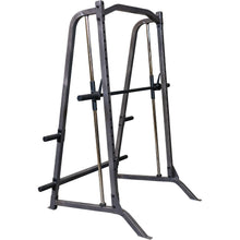 Heavy-duty squat rack made of steel with adjustable bars for weightlifting exercises.