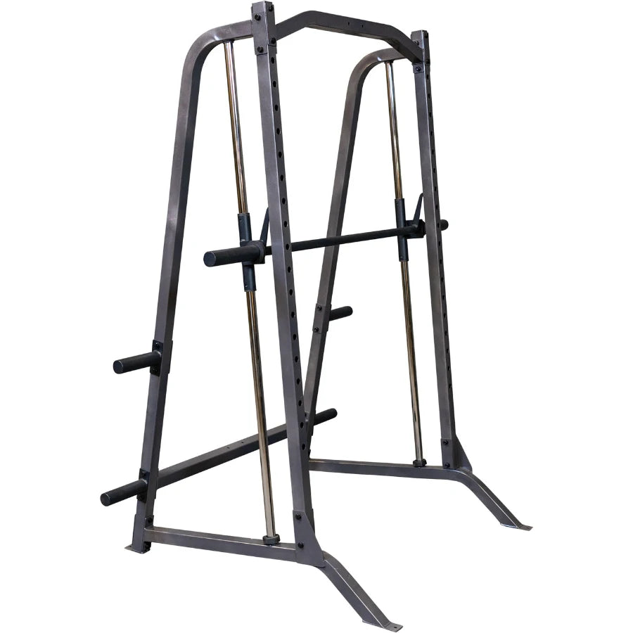Heavy-duty squat rack made of steel with adjustable bars for weightlifting exercises.