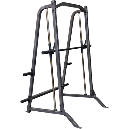 Heavy-duty squat rack made of steel with adjustable bars for weightlifting exercises.