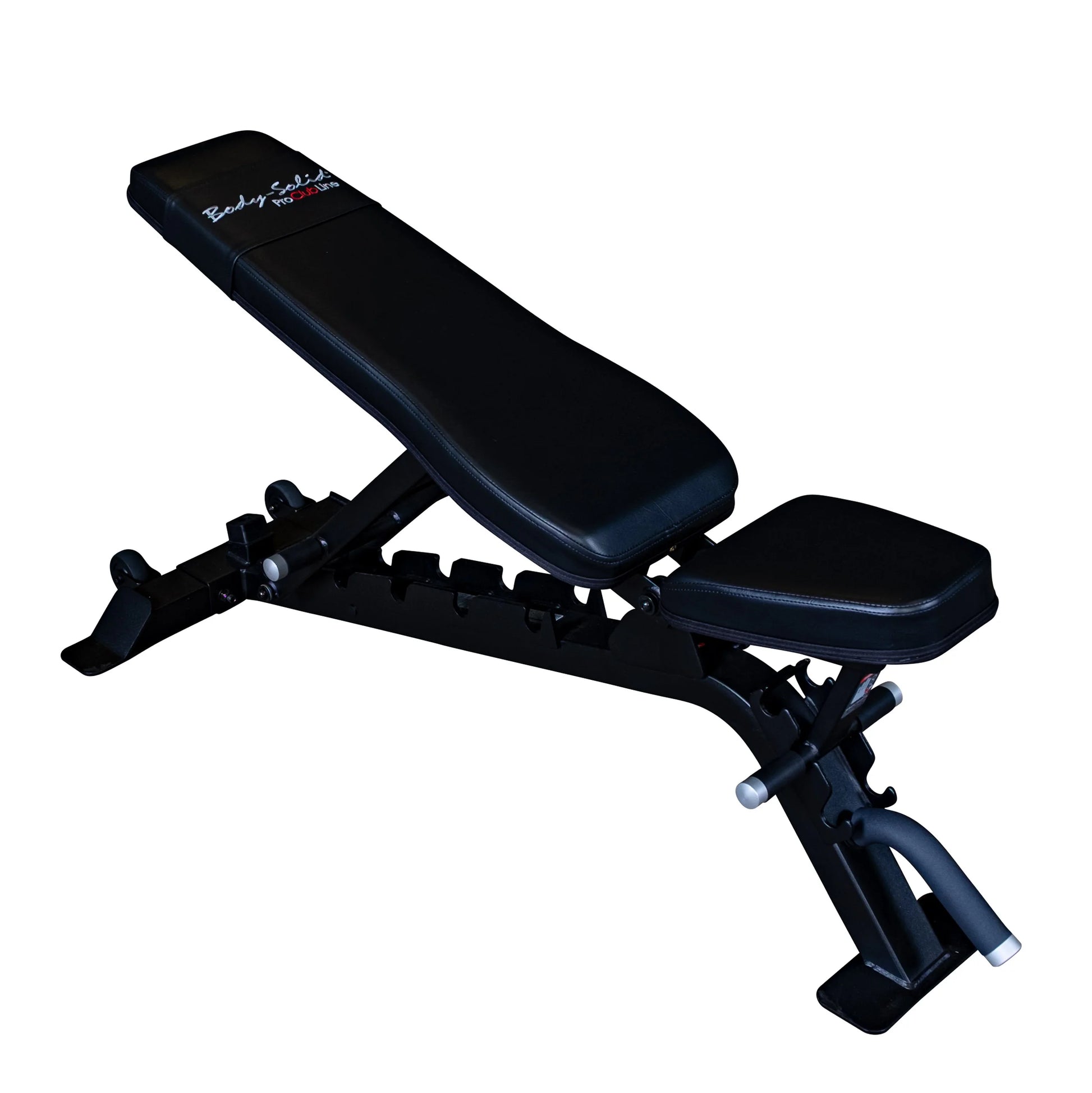 Body-Solid Pro ClubLine Adjustable Bench SFID325, featuring a black padded seat and backrest, designed for versatile weight training exercises.