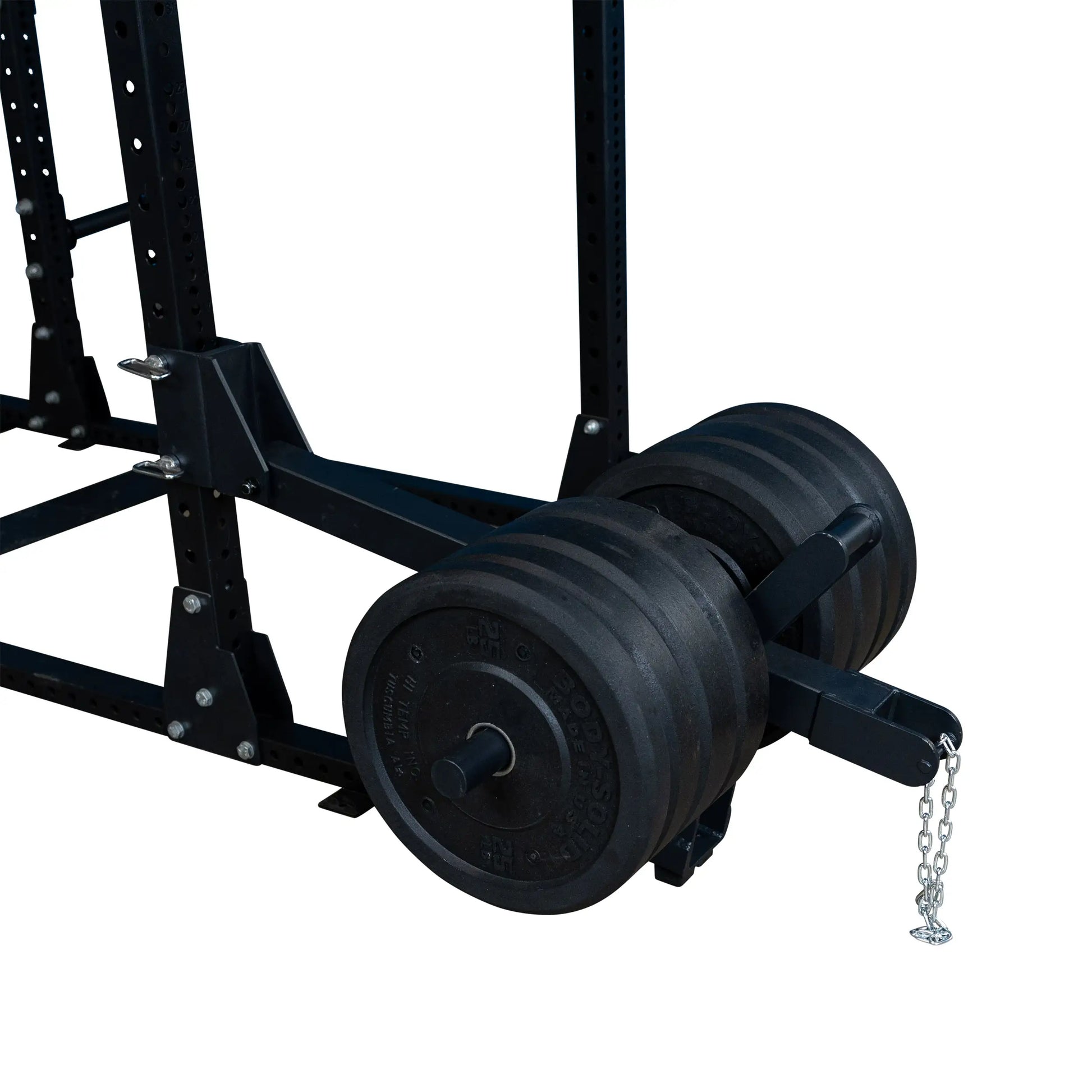 Close-up of the Body-Solid Pro ClubLine Belt Squat Attachment SPRBSA with black weight plates attached, showcasing its sturdy design and metal frame.