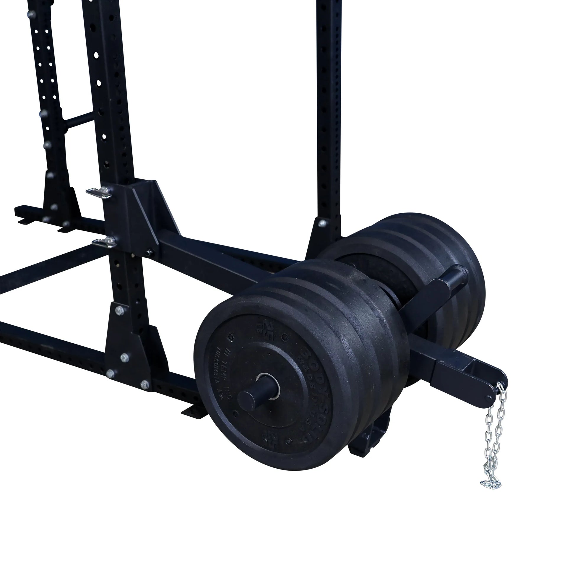 Body-Solid Pro ClubLine Belt Squat Attachment SPRBSA with weights attached, showcasing the heavy-duty design and construction.
