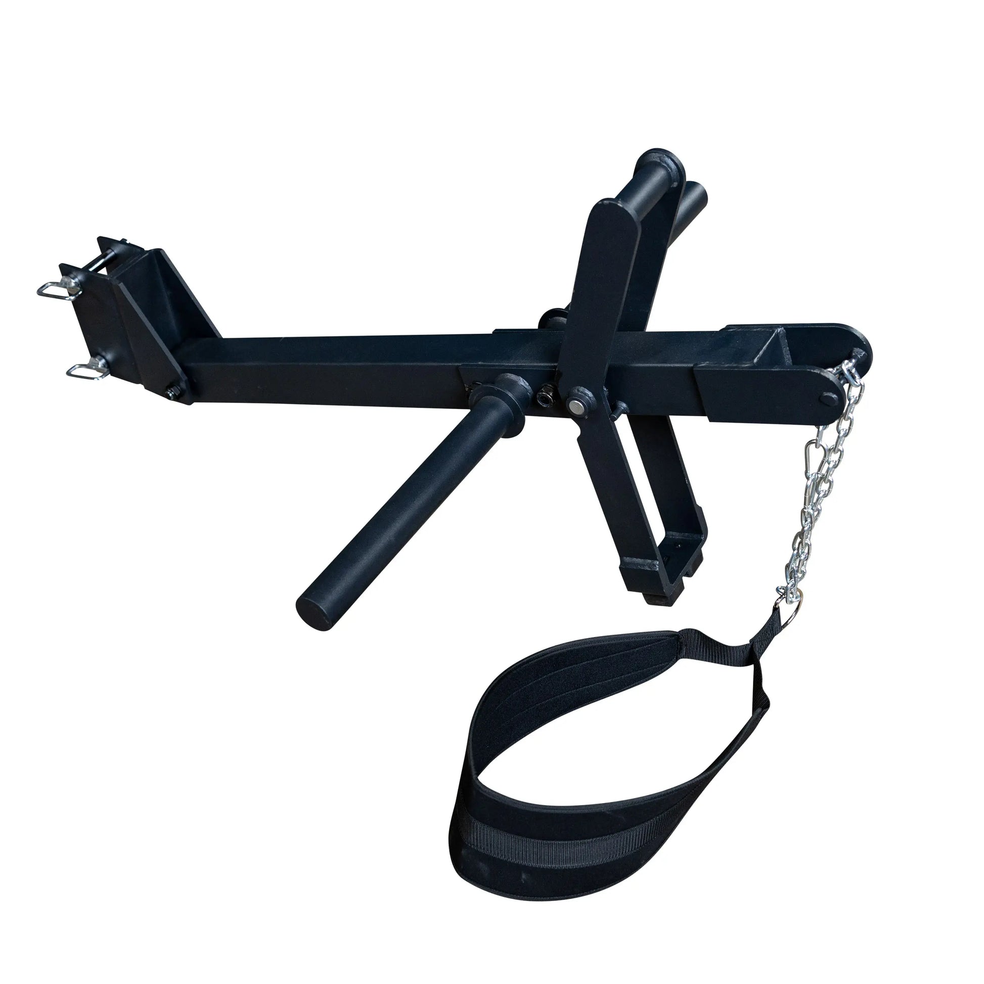 Body-Solid Pro ClubLine Belt Squat Attachment SPRBSA, featuring a black metal frame with adjustable bars and a padded belt, designed for weight lifting and strength training exercises.