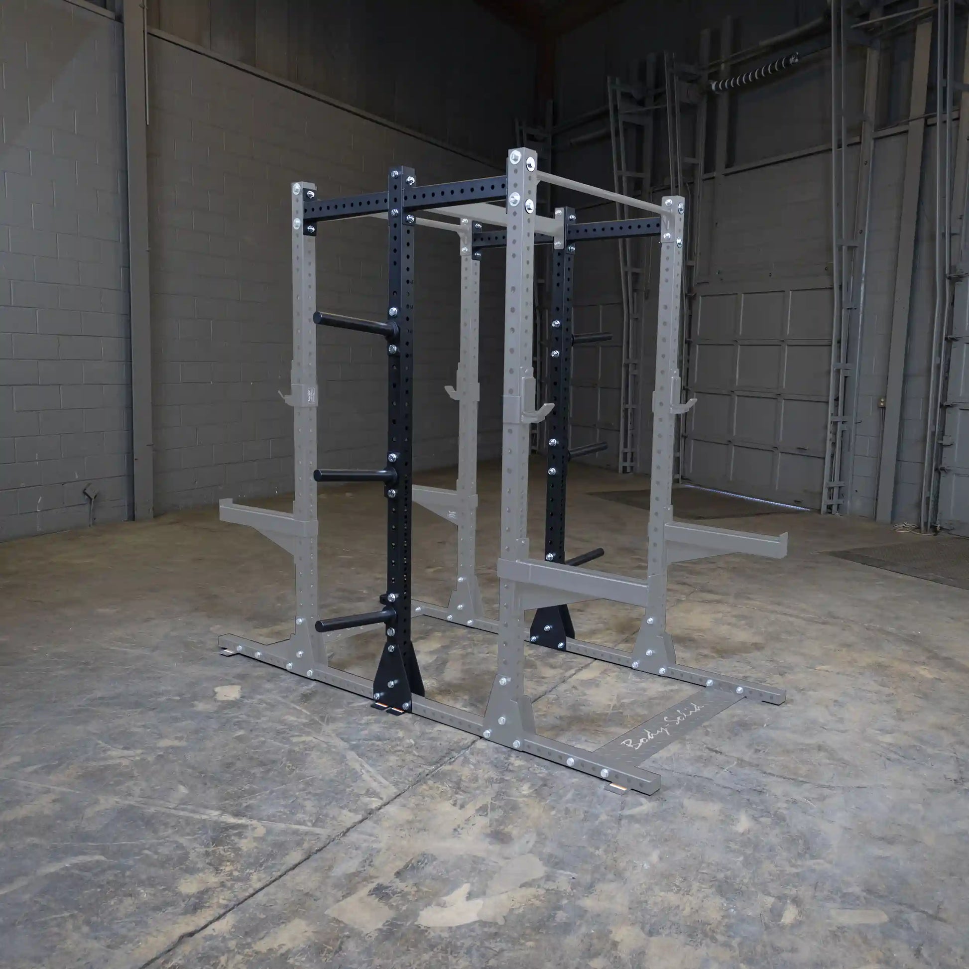 Body-Solid Pro ClubLine Commercial Double Half Rack Kit SPRDBLKIT in an industrial gym setting.
