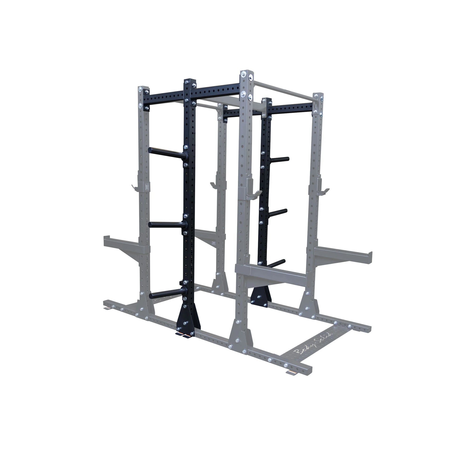 Body-Solid Pro ClubLine Commercial Double Half Rack Kit SPRDBLKIT, featuring a sturdy metal frame with black and gray components, designed for gym use.