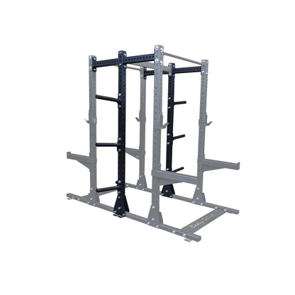 Body-Solid Pro ClubLine Commercial Double Half Rack Kit SPRDBLKIT, featuring a sturdy metal frame with black and gray components, designed for gym use.