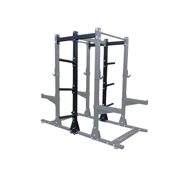 Body-Solid Pro ClubLine Commercial Double Half Rack Kit SPRDBLKIT, featuring a sturdy black and silver construction designed for heavy-duty gym use.