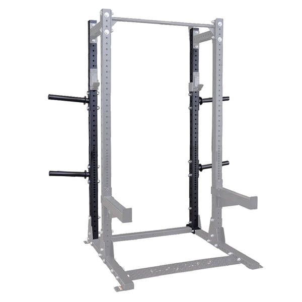 Body-Solid Pro ClubLine Commercial Half Rack Extension SPRHALFBACK, a sturdy metal frame used for weightlifting and fitness exercises, featuring multiple hooks and attachments for versatile workout options.