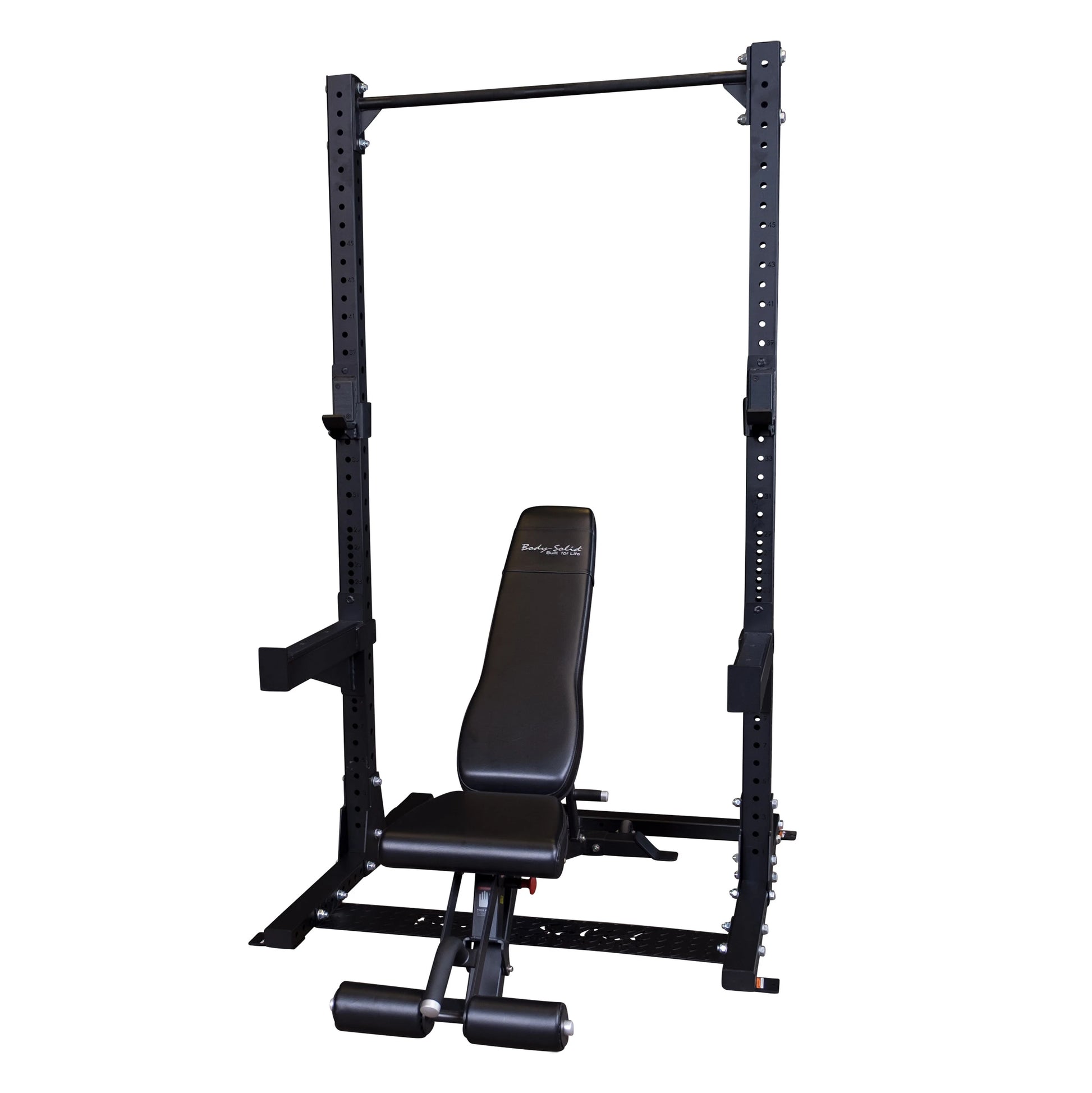 Body-Solid Pro ClubLine Commercial Half Rack SPR500 with adjustable black bench and sturdy frame.