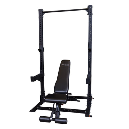 Body-Solid Pro ClubLine Commercial Half Rack SPR500 with adjustable black bench and sturdy frame.