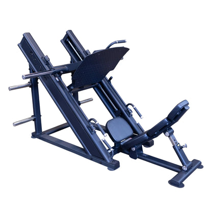 Body-Solid Pro ClubLine Commercial Leg Press Machine SGLP500, showcasing a robust design with a padded seat and adjustable footplate for leg workouts.