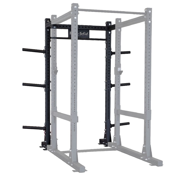 Image of a Body-Solid Pro ClubLine Commercial Power Rack Extension SPRBACK, featuring a sturdy black metal frame with multiple attachment points and weight storage pegs.