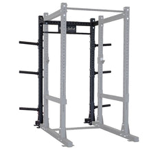 Image of a Body-Solid Pro ClubLine Commercial Power Rack Extension SPRBACK, featuring a sturdy black metal frame with multiple attachment points and weight storage pegs.