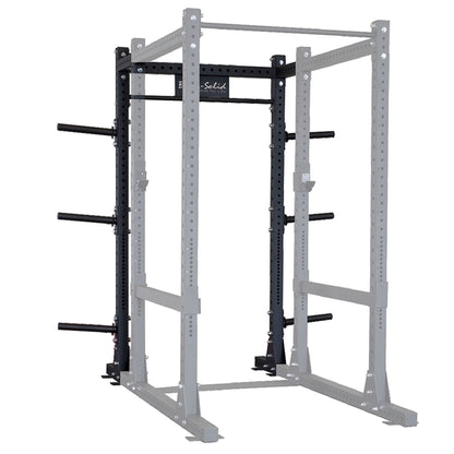 Image of a Body-Solid Pro ClubLine Commercial Power Rack Extension SPRBACK, featuring a sturdy black metal frame with multiple attachment points and weight storage pegs.