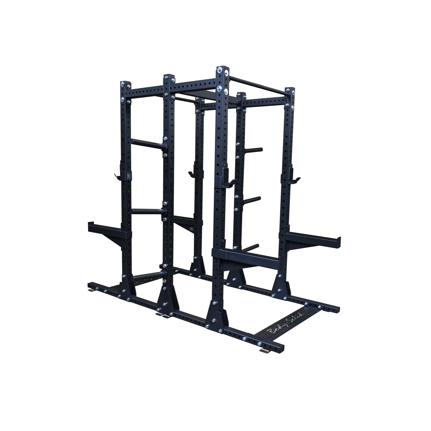Body-Solid Pro ClubLine Double Commercial Half Rack SPR500DBL, a heavy-duty black metal frame with adjustable features for weightlifting and strength training.