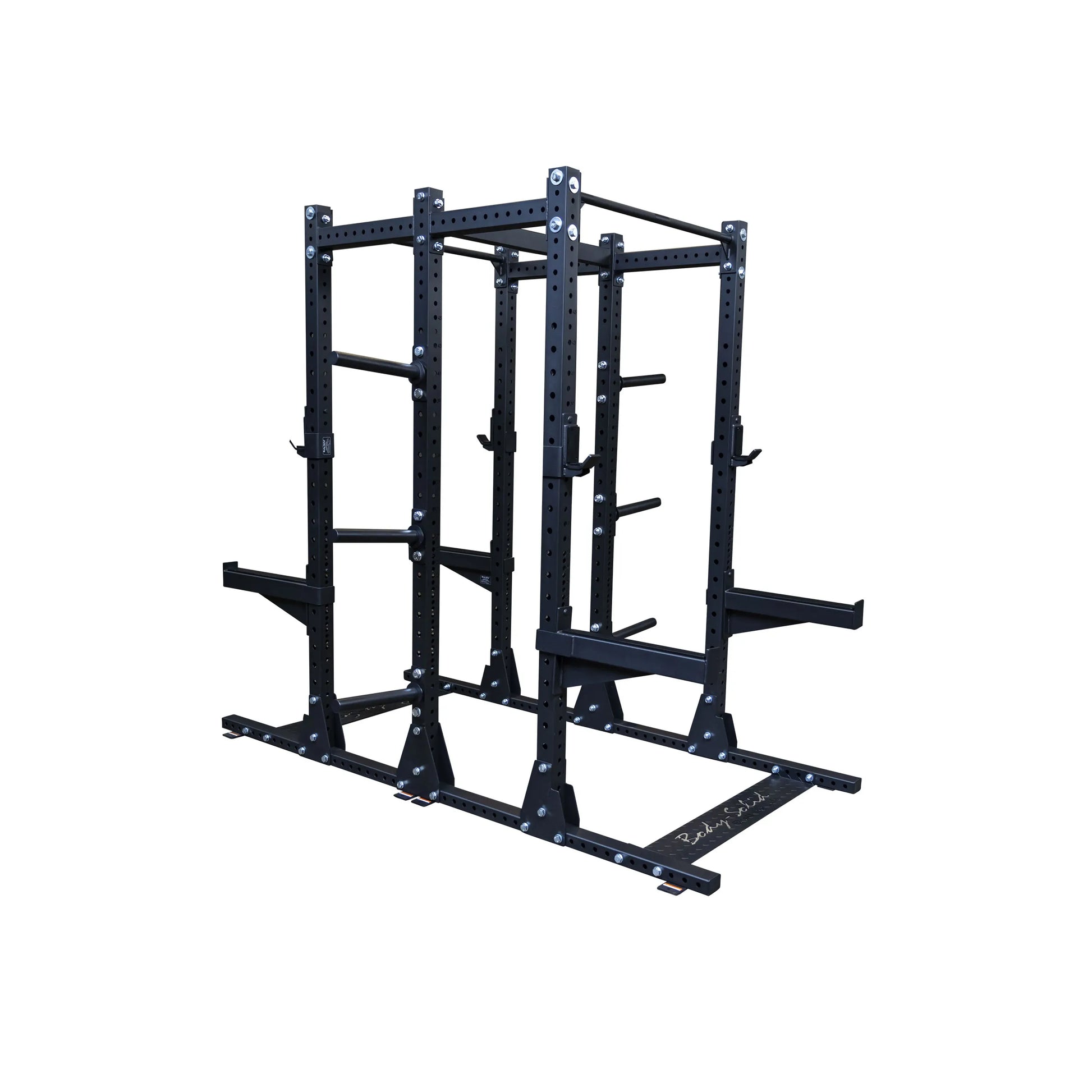 Body-Solid Pro ClubLine Double Commercial Half Rack SPR500DBL, a heavy-duty black metal frame with adjustable features for weightlifting and strength training.