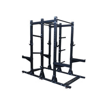 Body-Solid Pro ClubLine Double Commercial Half Rack SPR500DBL, a heavy-duty black metal frame with adjustable features for weightlifting and strength training.