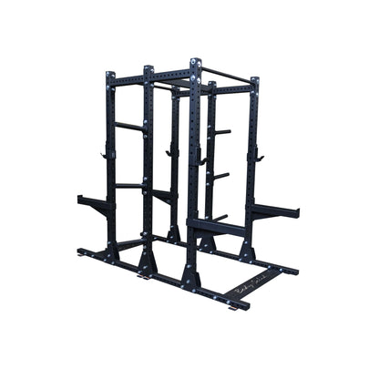 Body-Solid Pro ClubLine Double Commercial Half Rack SPR500DBL, a heavy-duty black metal frame with adjustable features for weightlifting and strength training.